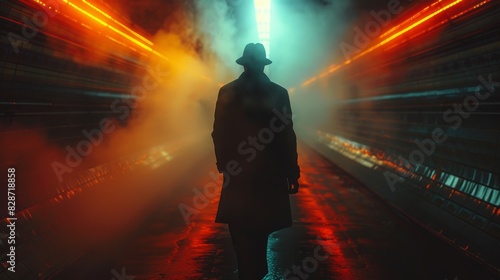 A solitary figure stands in a tunnel illuminated by neon red lights, casting a futuristic and mysterious atmosphere