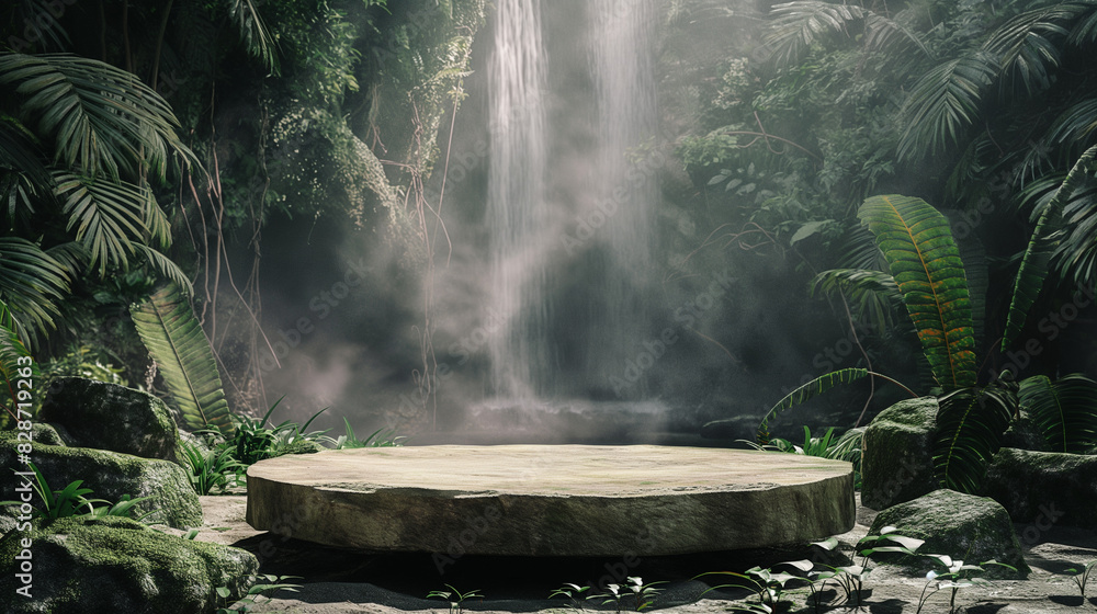 Stone pedestal table top on blurred waterfall background. Can be used to edit or display your products. Stone pedestal table top on blurred waterfall background. Can be used to edit or display your products.