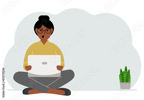 A woman sits cross-legged in his hands holding a laptop. The concept of work, education, reading, watching videos. Vector flat illustration