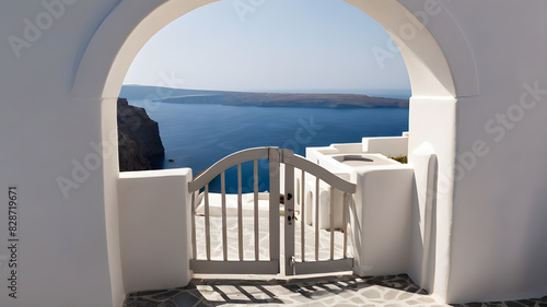 view of arched gate with a view to the sea beach living santorini island style, Generative AI