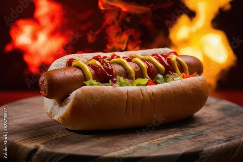 Hot Dog Feast: A mouthwatering hot dog, slathered with ketchup and mustard, rests on a wooden board against a backdrop of fiery flames. The perfect image for any food blog, restaurant menu, or adverti