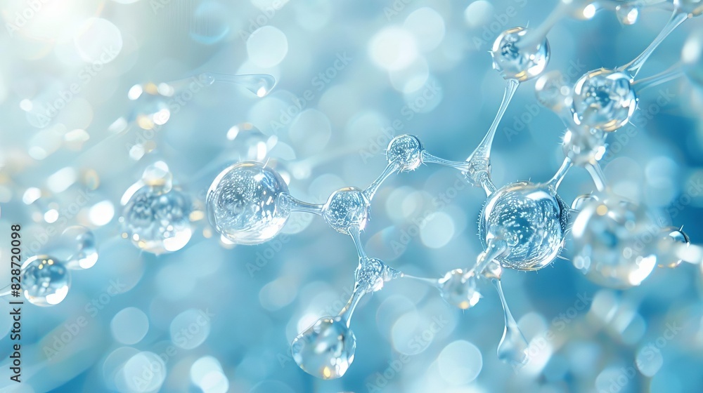 Create a 3D rendering of a water molecule. Make the water molecule look realistic. Use realistic lighting and textures. Show the water molecule in a blue background. Create a 3D rendering of a water molecule. Make the water molecule look realistic. Use realistic lighting and textures. Show the water molecule in a blue background.