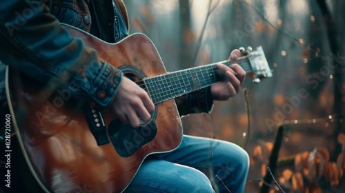 A man is playing a guitar in a forest