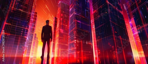 Futuristic Businessman Silhouetted in Vibrant Neon Metropolis A Dynamic Digital Artwork Depicting Corporate Innovation and Technology Themes