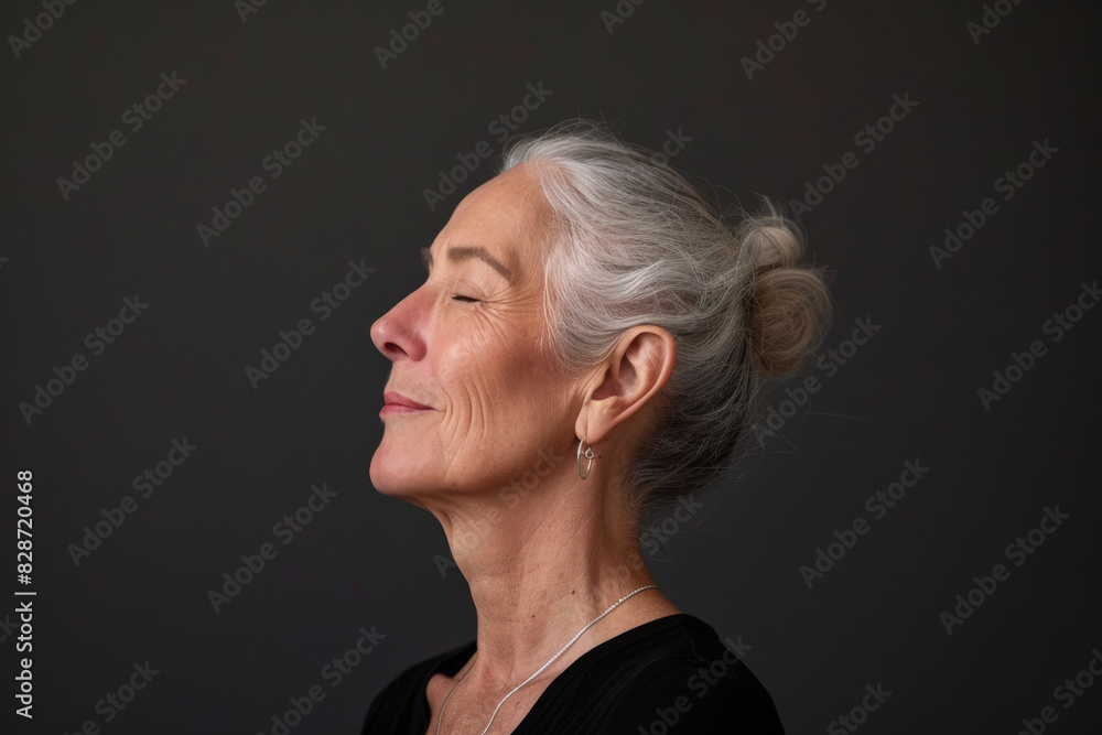 A close up of a woman's face with her eyes closed looking to a side A close up of a woman's face with her eyes closed looking to a side