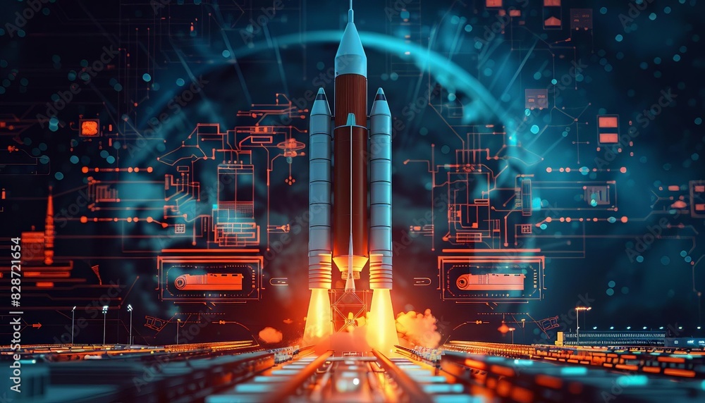 Fototapeta premium Futuristic rocket launch with advanced digital technology interface, showcasing innovation and space exploration concepts at night.