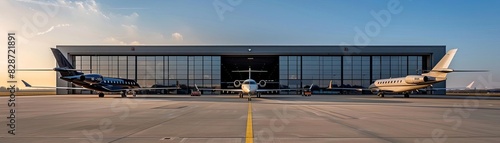 A row of private jets parked outside of a hangar.