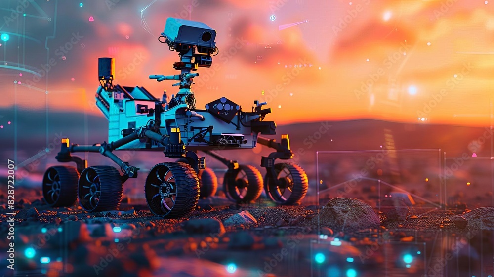 Fototapeta premium Mars rover explores the alien terrain at sunset, showcasing advanced robotics and the backdrop of a cosmic landscape.