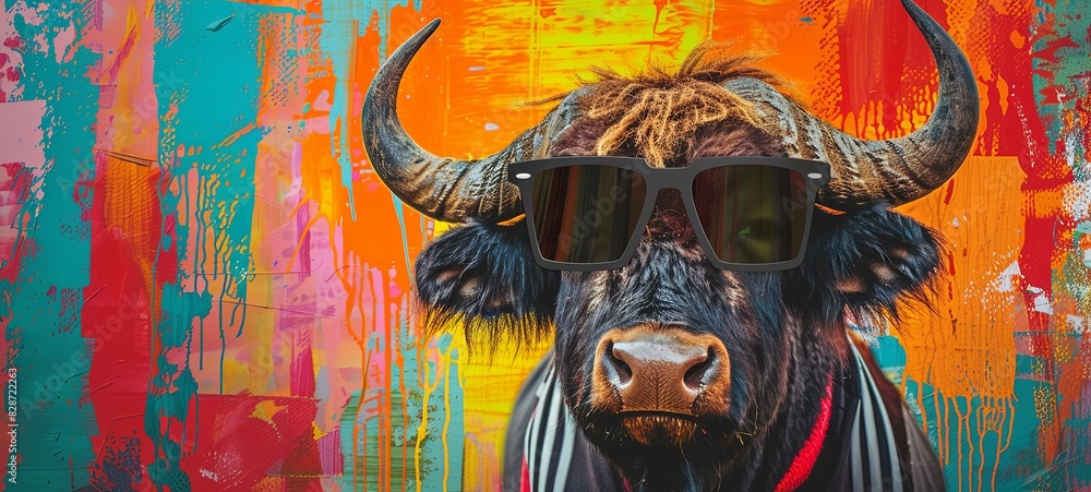 buffalo in black sunglasses on a multi-colored background. background made of oil paints. in a tracksuit. laughter. place for text. buffalo in black sunglasses on a multi-colored background. background made of oil paints. in a tracksuit. laughter. place for text.