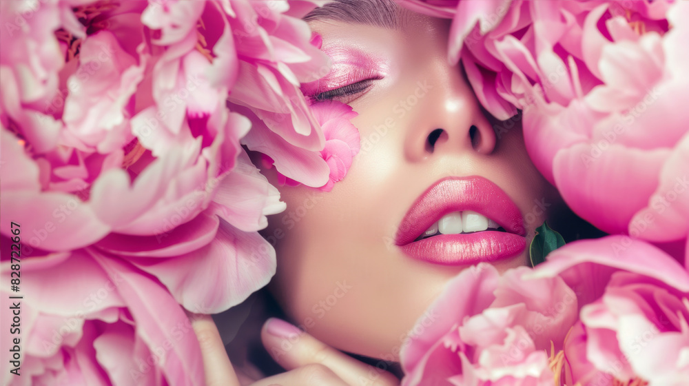 woman with pink flowers woman with pink flowers