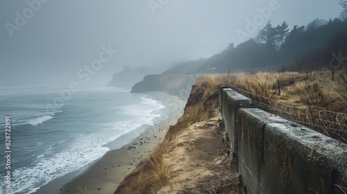 A foggy beach with a wall of concrete