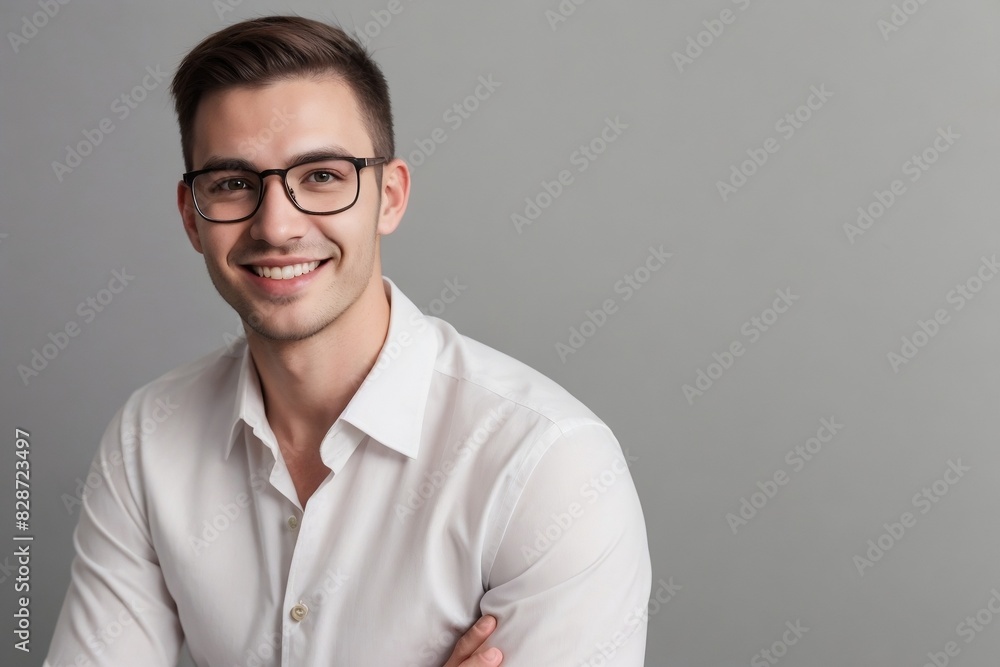 Portrait of a young successful businessman wearing a white shirt and glasses smiling against a grey background with copy space. Portrait of a young successful businessman wearing a white shirt and glasses smiling against a grey background with copy space.