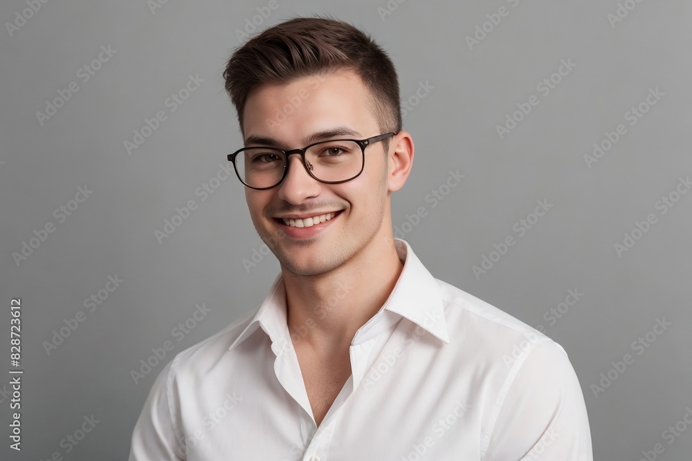 Portrait of a young successful businessman wearing a white shirt and glasses smiling against a grey background with copy space. Portrait of a young successful businessman wearing a white shirt and glasses smiling against a grey background with copy space.