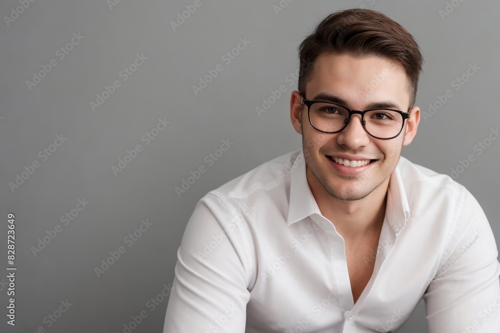 Portrait of a young successful businessman wearing a white shirt and glasses smiling against a grey background with copy space. Portrait of a young successful businessman wearing a white shirt and glasses smiling against a grey background with copy space.