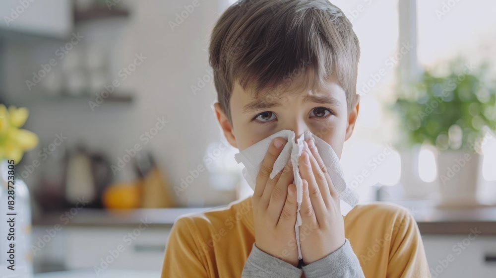 Sneezing Boy at Home with Runny Nose Generative AI Sneezing Boy at Home with Runny Nose Generative AI