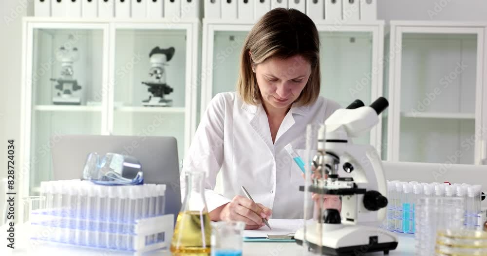 Laboratory assistant conducts clinical laboratory research, holds test tube with blue liquid and writes down result of study. Pharmacy and cosmetology medicine Laboratory assistant conducts clinical laboratory research, holds test tube with blue liquid and writes down result of study. Pharmacy and cosmetology medicine