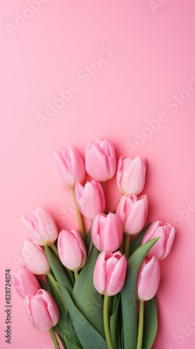 Spring tulip flowers on background top view in flat lay style flower floral background border texture