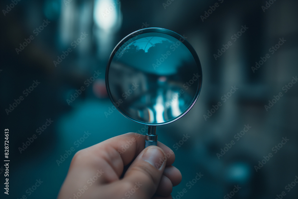 Hand holding a magnifying glass with a reflection of a city street Hand holding a magnifying glass with a reflection of a city street