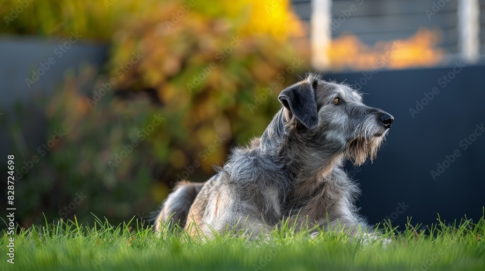 giant dog in nature, a majestic irish wolfhound rests on a lush green field under a clear blue sky, exuding regal charm giant dog in nature, a majestic irish wolfhound rests on a lush green field under a clear blue sky, exuding regal charm