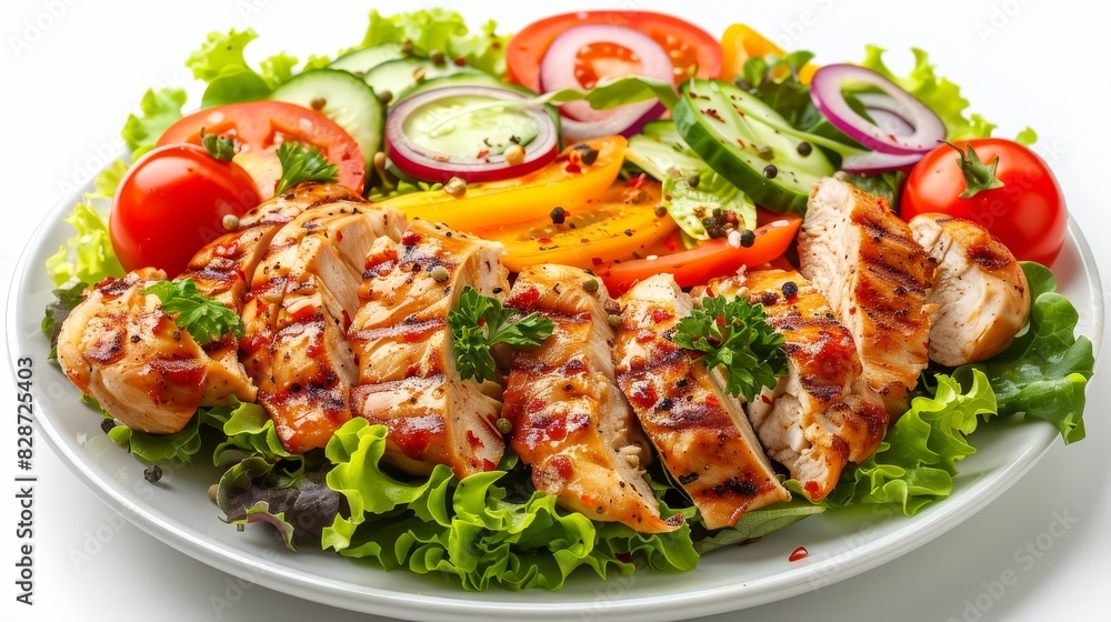 Fresh vegetable salad with juicy grilled chicken, perfectly arranged for advertising, isolated white background, studio lighting Fresh vegetable salad with juicy grilled chicken, perfectly arranged for advertising, isolated white background, studio lighting