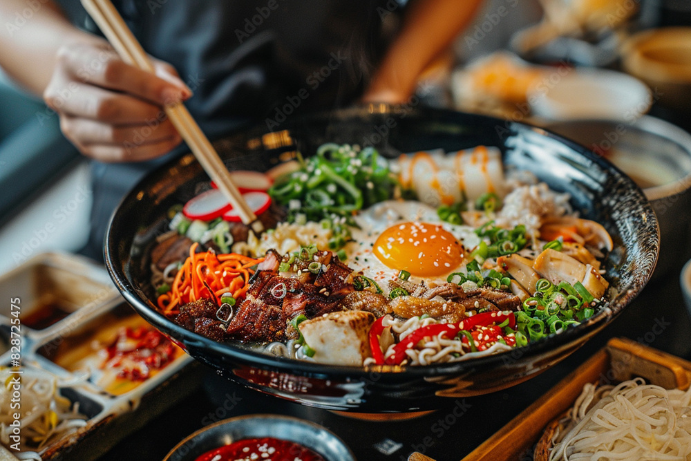 Asian street style dish. a large bowl of ramen with egg, meat, herbs and various toppings. Asian street style dish. a large bowl of ramen with egg, meat, herbs and various toppings.
