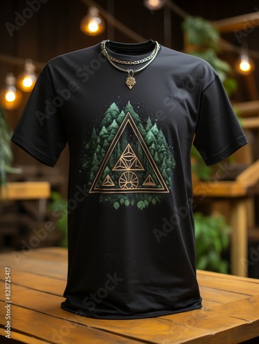 T-shirt design featuring forest, mountains, outdoor, trees, and nature, set against a black background © Rianah
