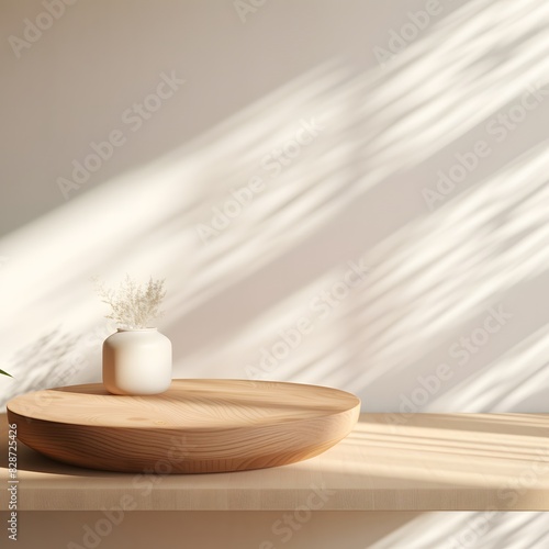 Wooden shelf with beige wall background. Closeup of minimalistic interior design. Generative AI.