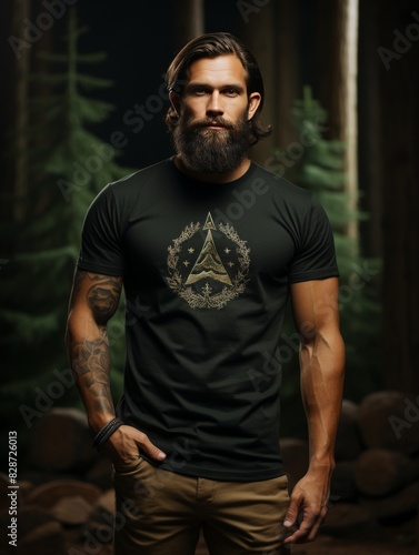 T-shirt design featuring forest, mountains, outdoor, trees, and nature, set against a black background