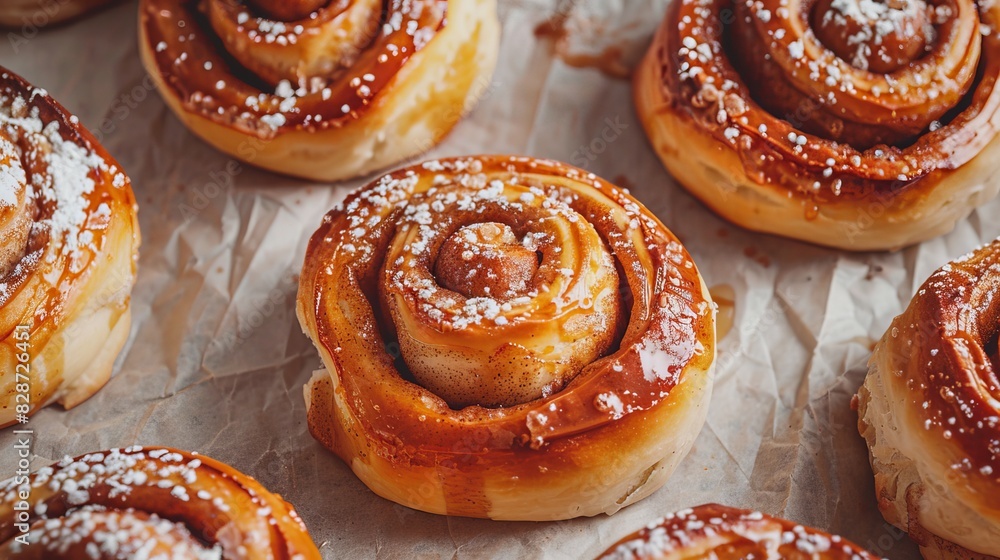 Freshly baked cinnamon buns on parchment paper, top view, isolated background, perfect for promotional material, studio lighting Freshly baked cinnamon buns on parchment paper, top view, isolated background, perfect for promotional material, studio lighting