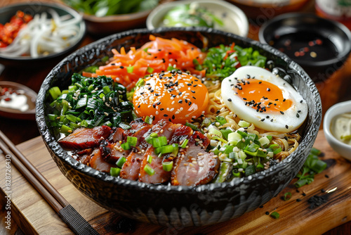 Asian street style dish. a large bowl of ramen with egg, meat, herbs and various toppings.