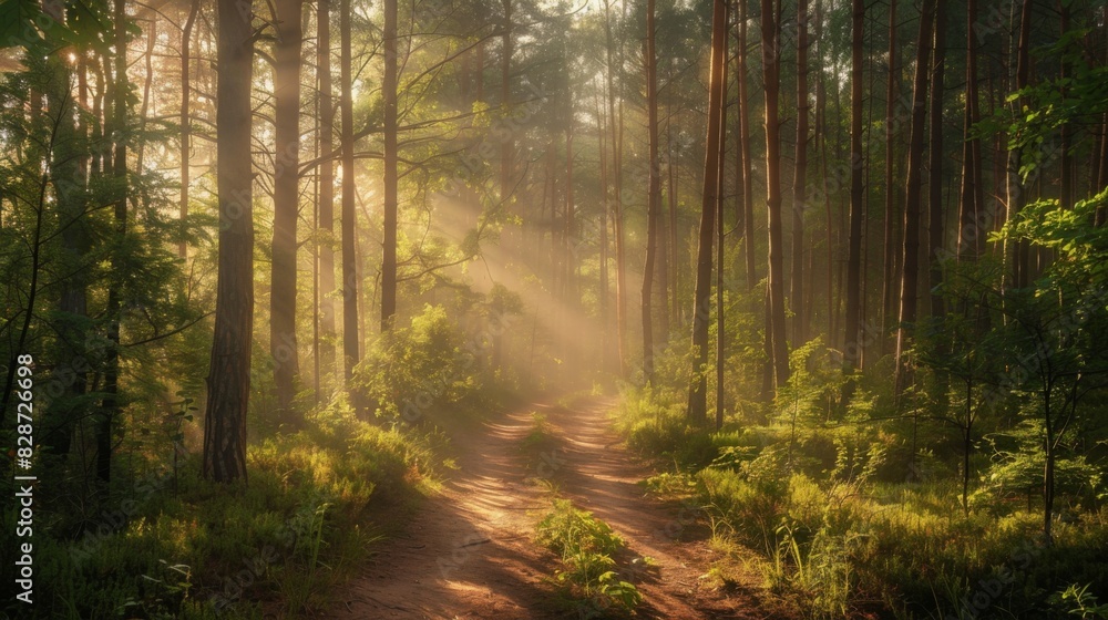 Obraz premium A serene forest path with sunlight filtering through the trees