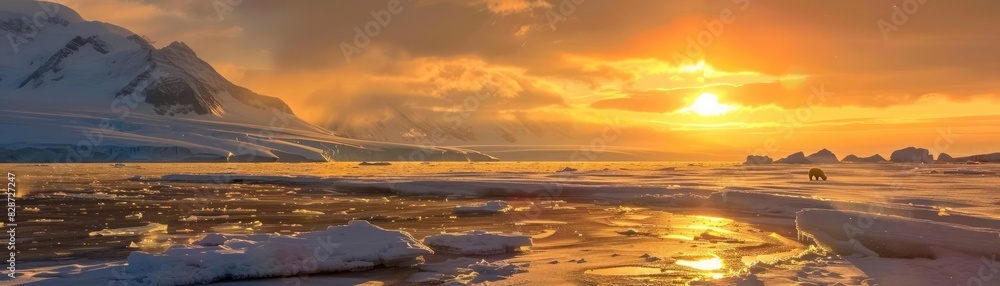 Breathtaking sunset over icy landscape with snowy mountains and calm sea, reflecting vibrant colors in Antarctica. Breathtaking sunset over icy landscape with snowy mountains and calm sea, reflecting vibrant colors in Antarctica.
