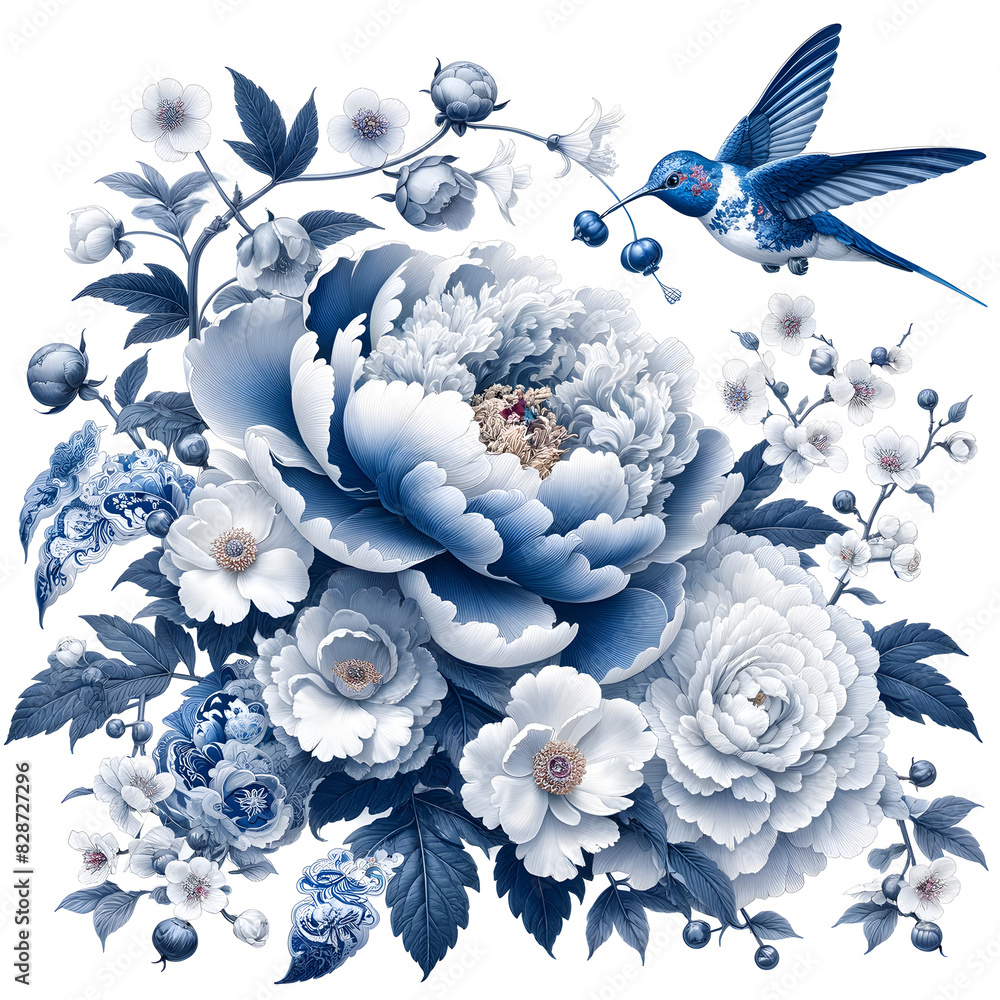 Φωτογραφία Elegantes blau-weißes Design mit prächtigen Pfingstrosen und einem Kolibri, umgeben von detaillierten floralen Mustern und Blättern