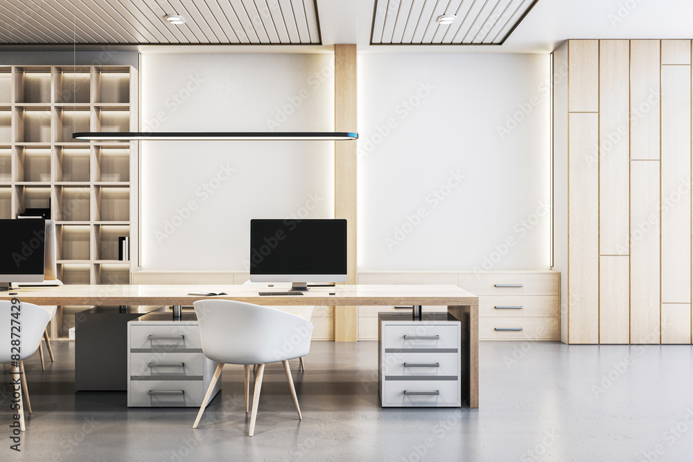Modern office interior with computers on desks, wooden shelves, and white chairs, on a light background, concept of workplace. 3D Rendering Modern office interior with computers on desks, wooden shelves, and white chairs, on a light background, concept of workplace. 3D Rendering