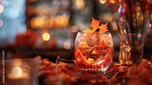 Festive table setting featuring a jack o'lantern ice sculpture in a drink, perfect for seasonal advertising