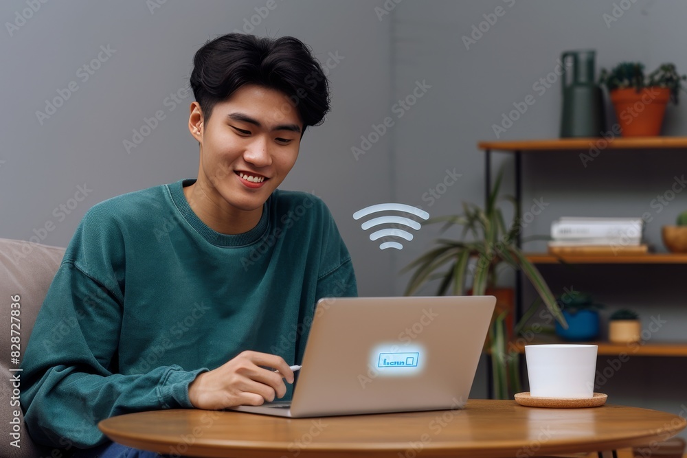 Young man engaged with a laptop, illustrating the effectiveness of wireless internet in enhancing user experience Young man engaged with a laptop, illustrating the effectiveness of wireless internet in enhancing user experience