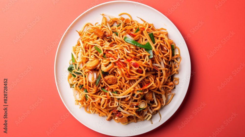 A white round plate with fried mee, whole and sliced. On a light red background. Top view, closeup A white round plate with fried mee, whole and sliced. On a light red background. Top view, closeup