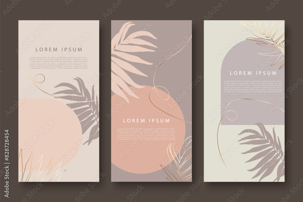 Set of beige botanical background templates for covers, posters, banners, advertising brochures, cards.   Vector cover design with branches and leaves.