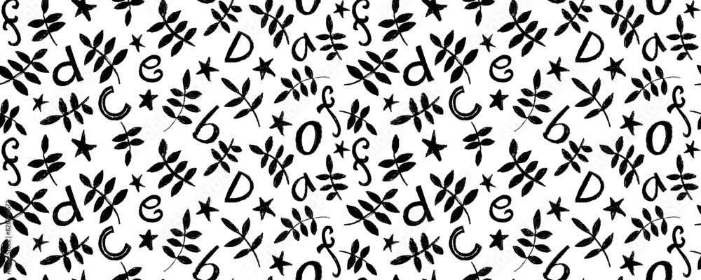 Botanical art background vector. Abstract natural hand drawn pattern design with leaves, branches and letters. Abstract black and white botanical background. Hand drawn leaves with letters scribble Botanical art background vector. Abstract natural hand drawn pattern design with leaves, branches and letters. Abstract black and white botanical background. Hand drawn leaves with letters scribble