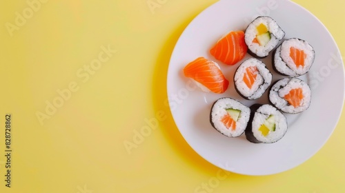 A white round plate with suchi, whole and sliced. On a light yellow background