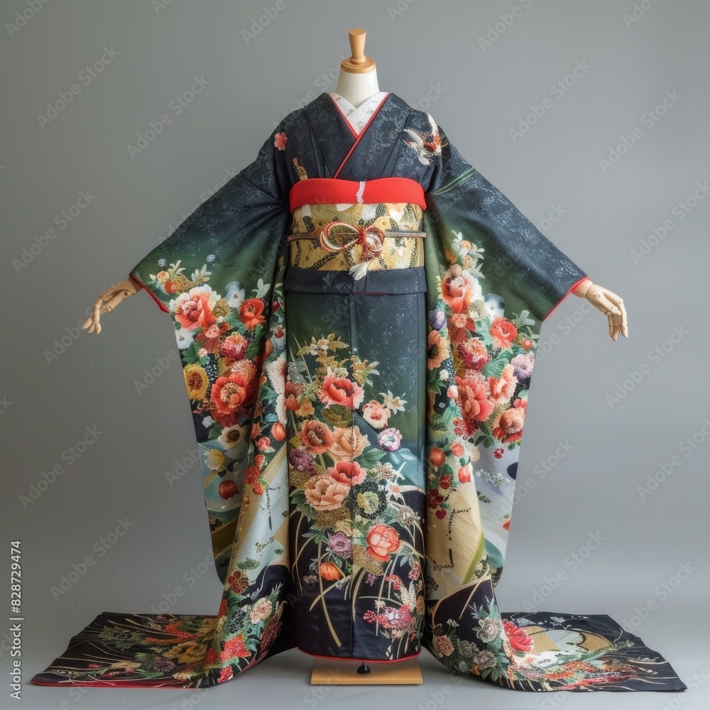 A woman wearing a kimono with a floral pattern A woman wearing a kimono with a floral pattern