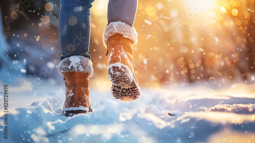 Outdoor Winter Scene Showing Person Walking In Snow With Boots snowfall backdrop on background
 photo