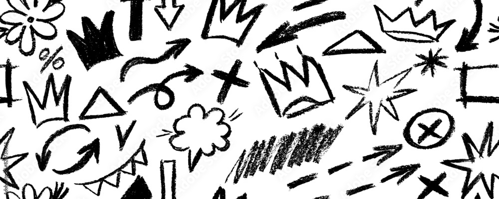 Brush drawn doodle shapes seamless pattern. Hearts, crowns, arrows, crosses, swirls and dots with dry brush texture. Banner background with trendy graffiti style elements. Hand drawn various shapes. Brush drawn doodle shapes seamless pattern. Hearts, crowns, arrows, crosses, swirls and dots with dry brush texture. Banner background with trendy graffiti style elements. Hand drawn various shapes.