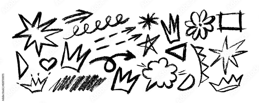 Collection fun doodle shapes drawn with charcoal or chalk. Hand drawn childish style figures: crowns, dots, squiggles and stars. Set of marker scribbles, curved lines and different fairy shapes. Collection fun doodle shapes drawn with charcoal or chalk. Hand drawn childish style figures: crowns, dots, squiggles and stars. Set of marker scribbles, curved lines and different fairy shapes.