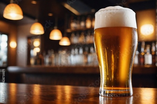 A cold glass of beer in a bar against a blurred background with copy space, warm and relaxed atmosphere. International Beer Day Concept