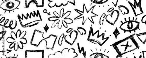 Black charcoal pencil shapes and doodles seamless pattern. Hand drawn vector quirky shapes in punk or childish style. Naive playful abstract charcoal scribbles. Doodles and curved lines.