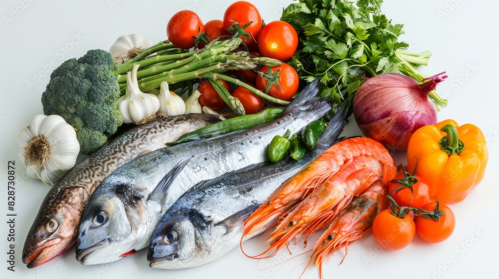 An assortment of organic vegetables and freshly caught fish arranged neatly on a white background An assortment of organic vegetables and freshly caught fish arranged neatly on a white background
