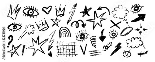 Charcoal graffiti doodle punk and girly shapes collection. Brush drawn eyes and geometric shapes, charcoal and crayon doodle illustrations. Abstract scribbles and squiggles, creative various figures.