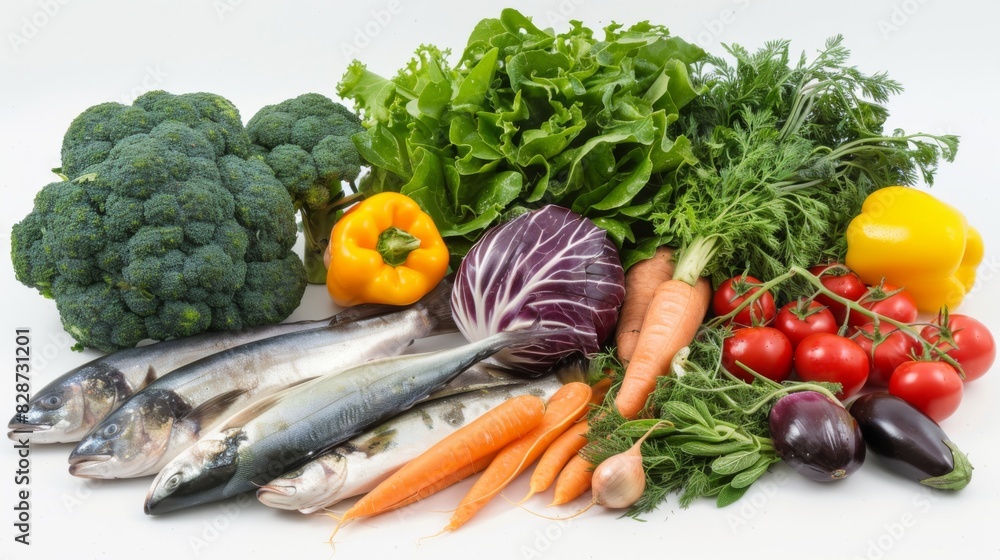 An assortment of organic vegetables and freshly caught fish arranged neatly on a white background An assortment of organic vegetables and freshly caught fish arranged neatly on a white background