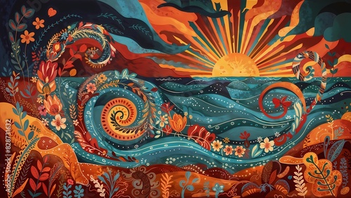 Folk Art Ocean Scene Illustration with Warm Earthy Tones and Intricate Patterns